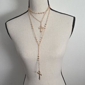 Gold Layered Long Necklace with Cross Pendant